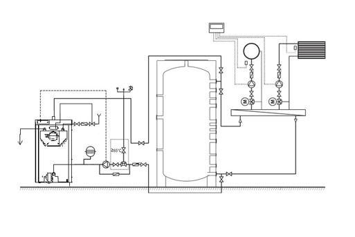 Scheme for connecting a wood burning boiler to heating system